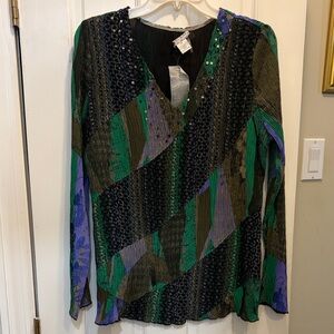 Alberto Makali Green and Brown V-Neck Blouse
